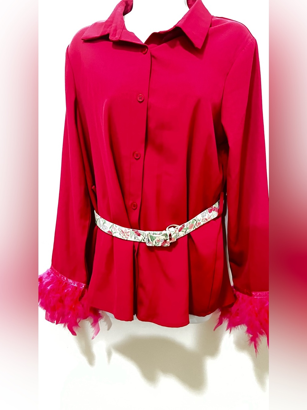 Button-Front Blouse with feathered cuffs. Like new with belt